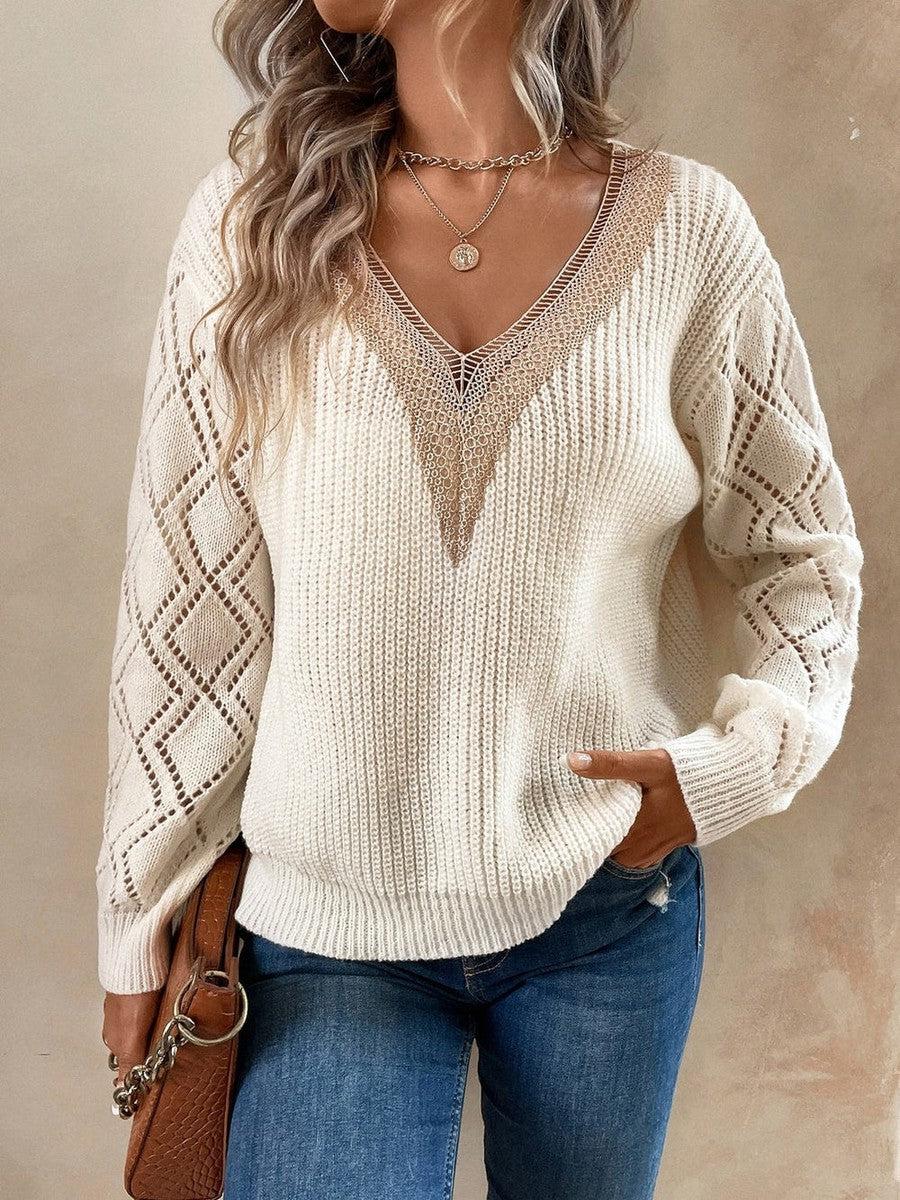 Marjolein | Gestrickter Farbblockpullover mit V-Ausschnitt