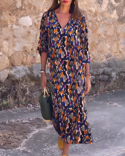 Nathalie | Kleid mit V-Ausschnitt im Retro-Druck