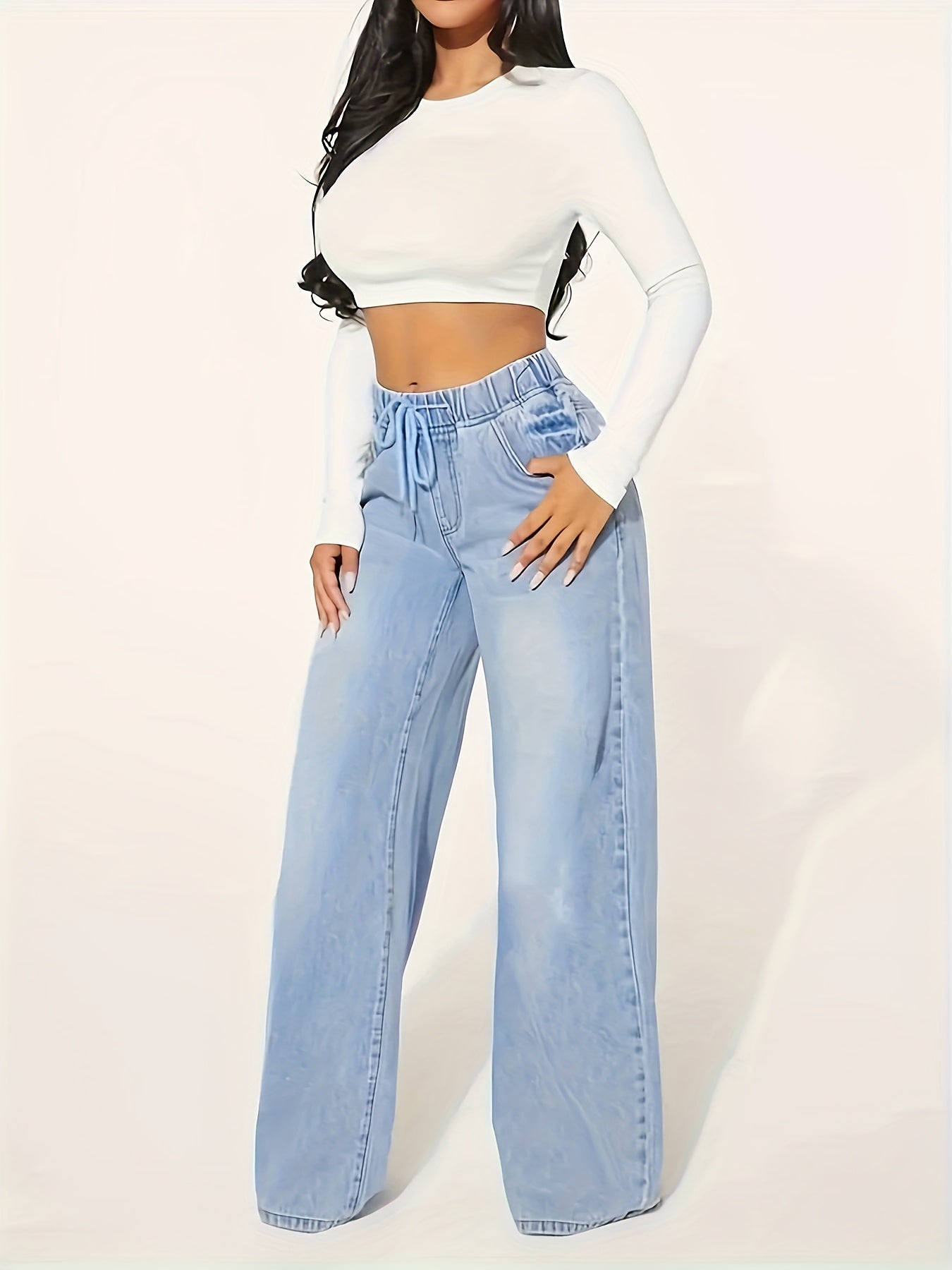 Breite Hosenjeans - elastischer Bund mittelblaue Damenhose