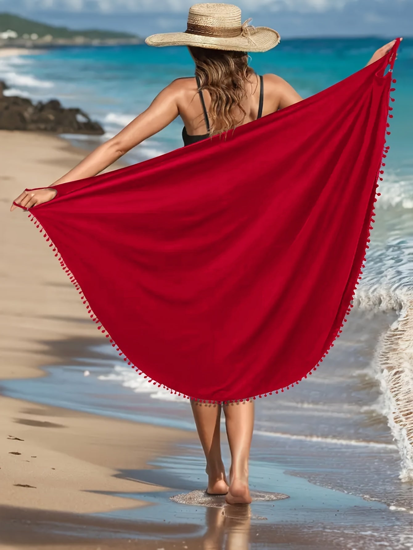 Emma | Einfarbiges Maxi-Strandkleid mit Pom-Pom-Dekor und V-Ausschnitt