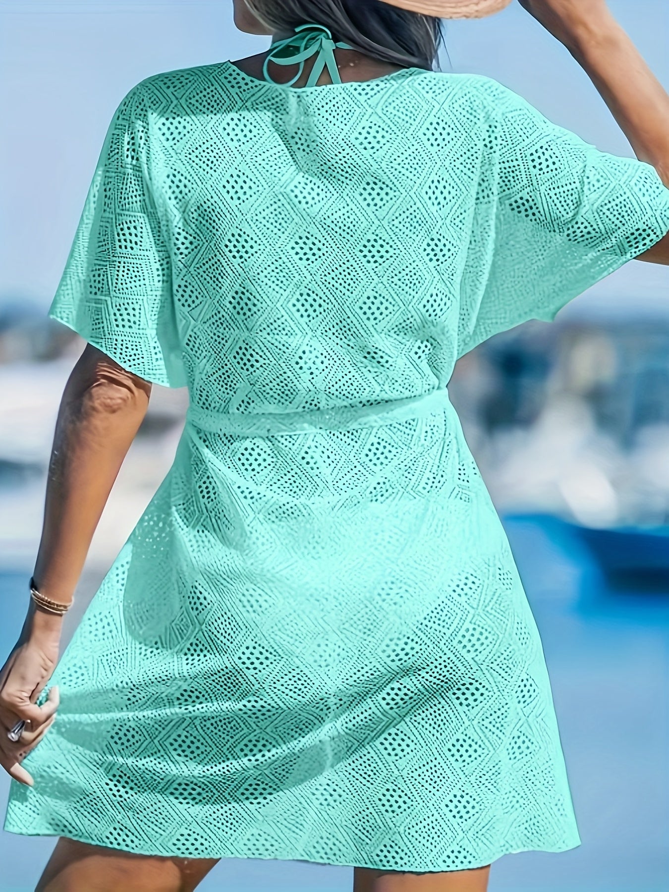 Neue Strandkleid Damen Einfarbig V-Ausschnitt Ausgeschnitten Bikini Cover-Up