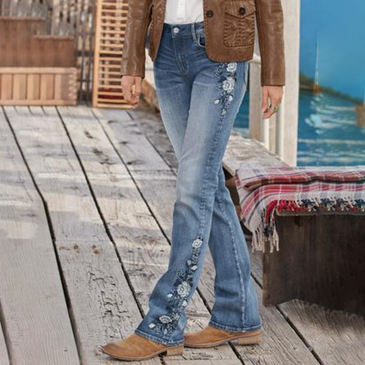 Damen Bootcut-Jeans mit Blumenstickerei - elegante Freizeitkleidung
