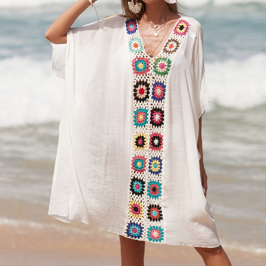 V-Ausschnitt, kurze Ärmel, leicht mit buntem Blumenmuster - Strandkleid