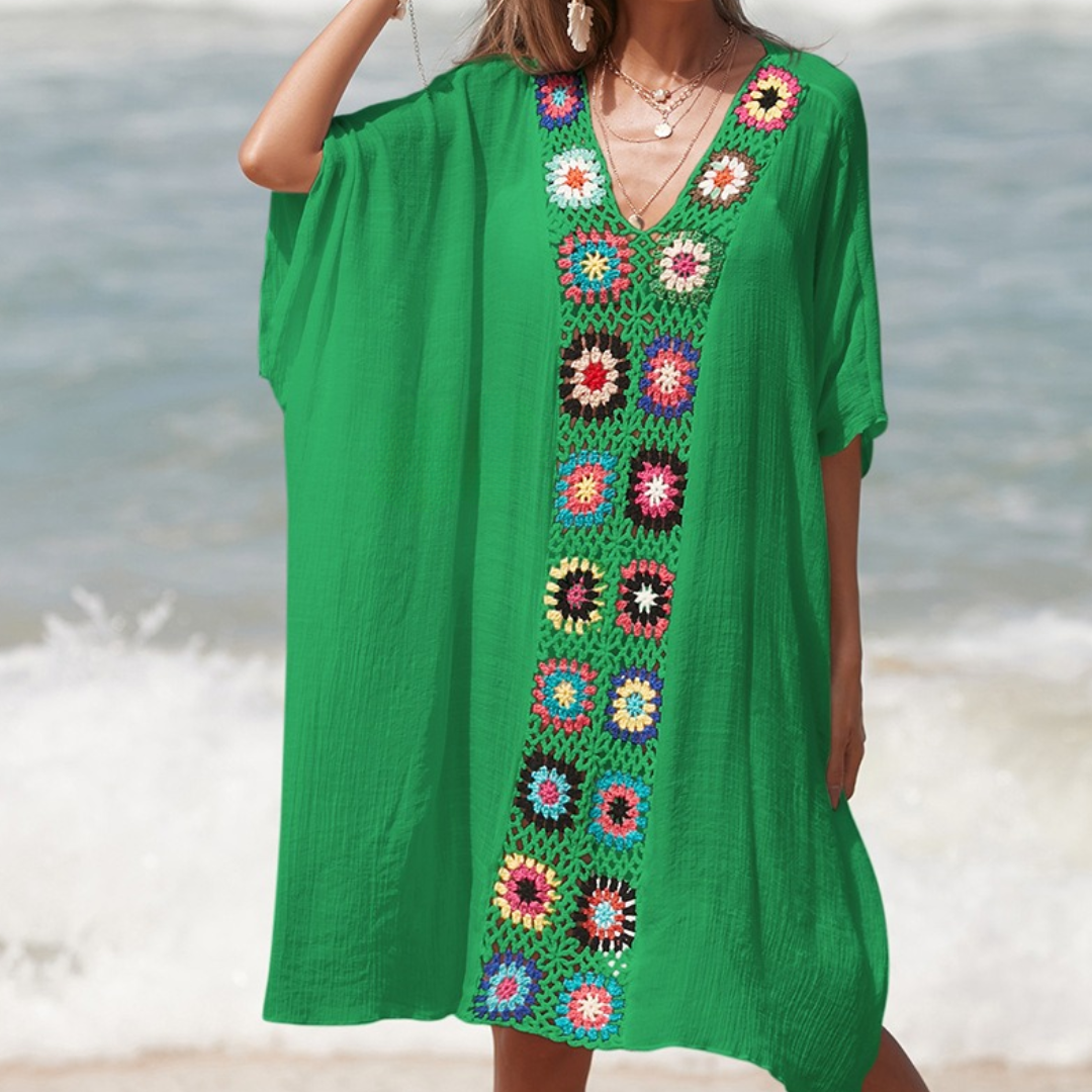 V-Ausschnitt, kurze Ärmel, leicht mit buntem Blumenmuster - Strandkleid