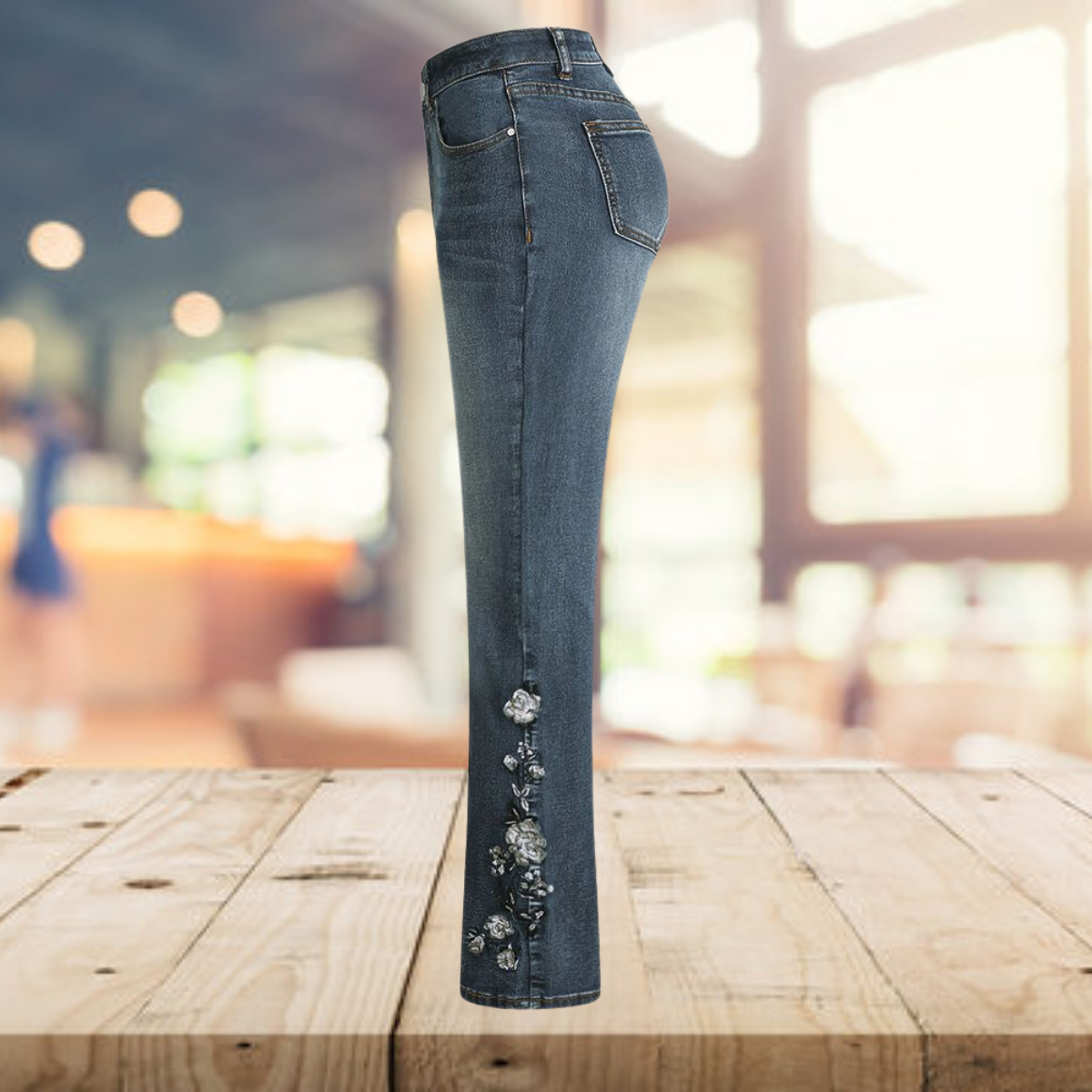 Damen Bootcut-Jeans mit Blumenstickerei - elegante Freizeitkleidung