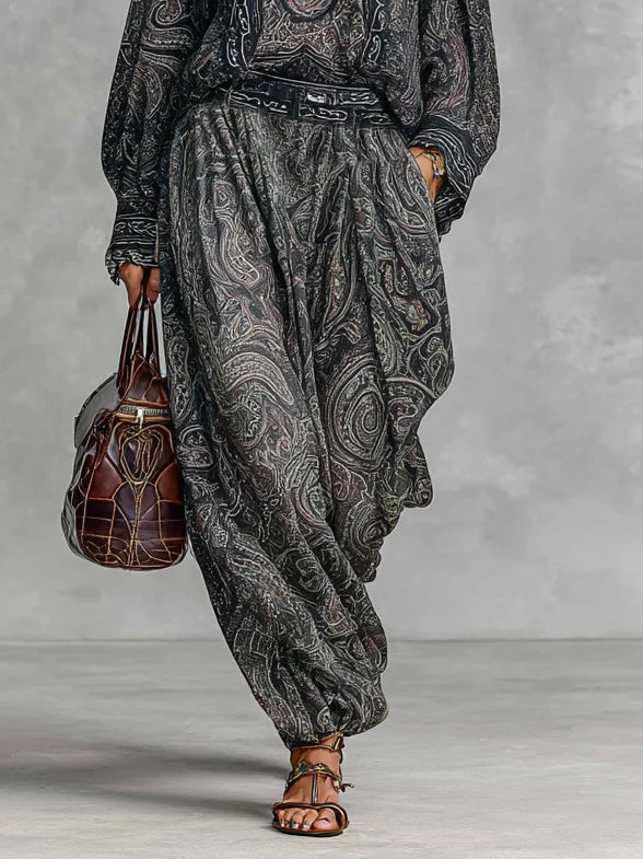 Vintage Paisley Druck Langarmshirt Hosen Zweiteiliges Set