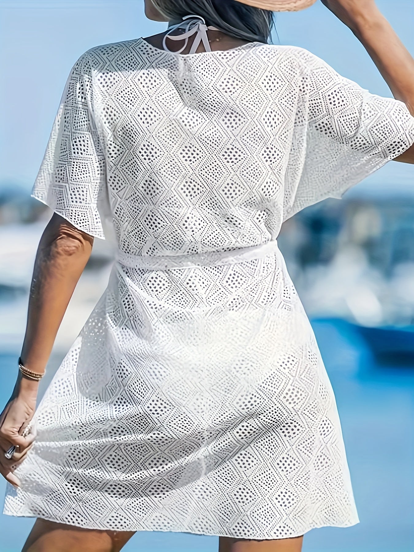 Neue Strandkleid Damen Einfarbig V-Ausschnitt Ausgeschnitten Bikini Cover-Up