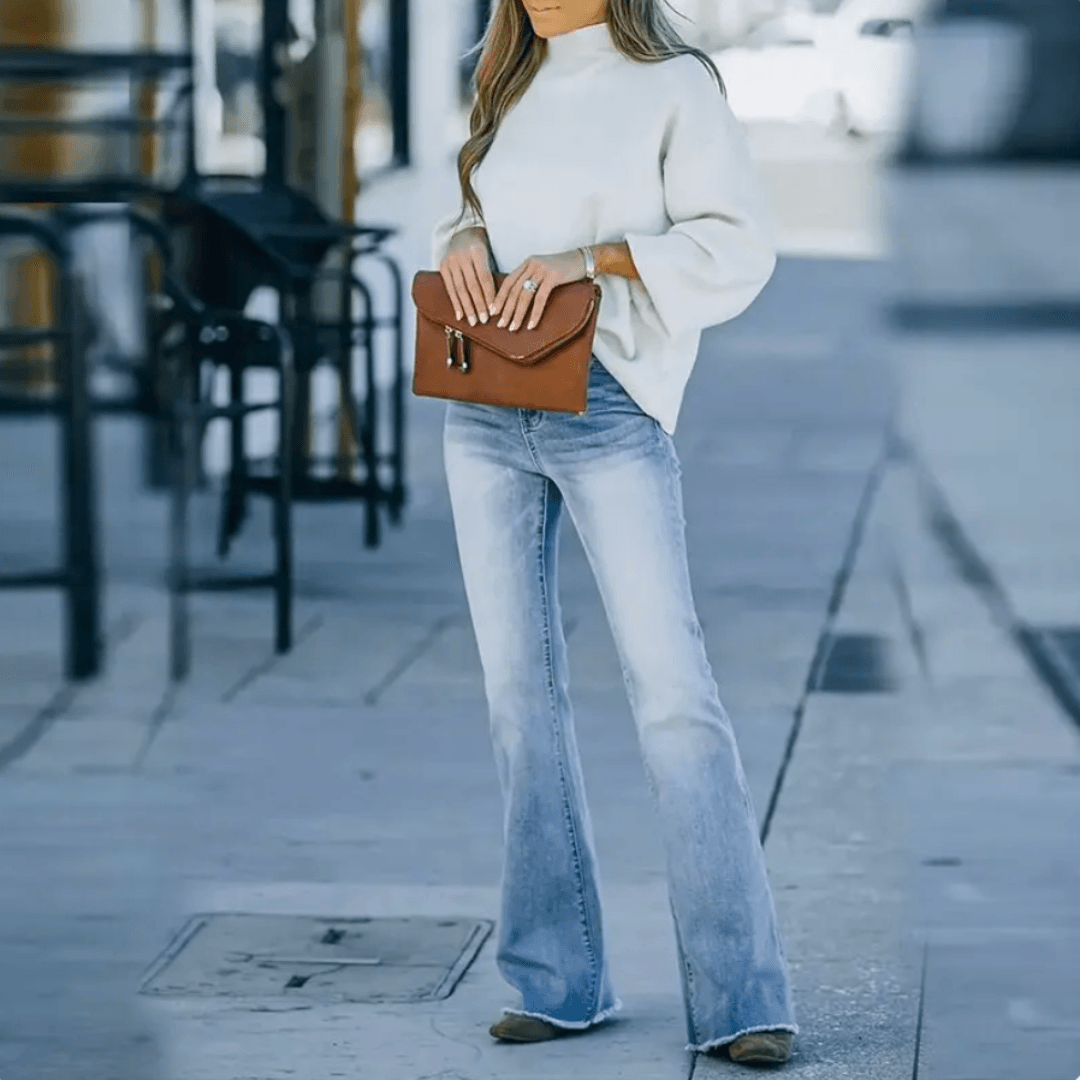 Damen Flared Jeans hoch tailliert lässige Hosen - trendige hellblaue Bootcut & Flared Stil