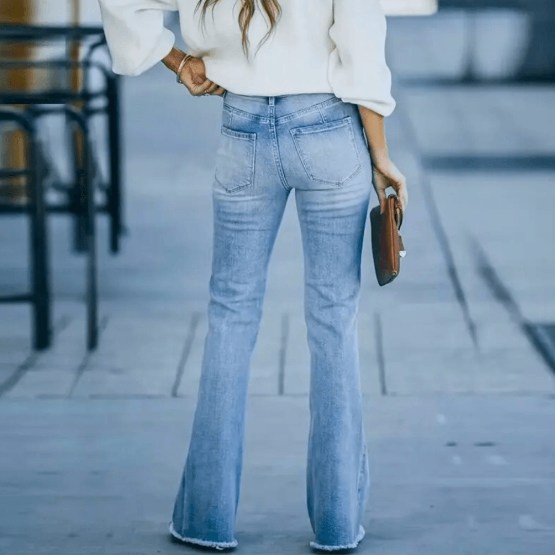 Damen Flared Jeans hoch tailliert lässige Hosen - trendige hellblaue Bootcut & Flared Stil
