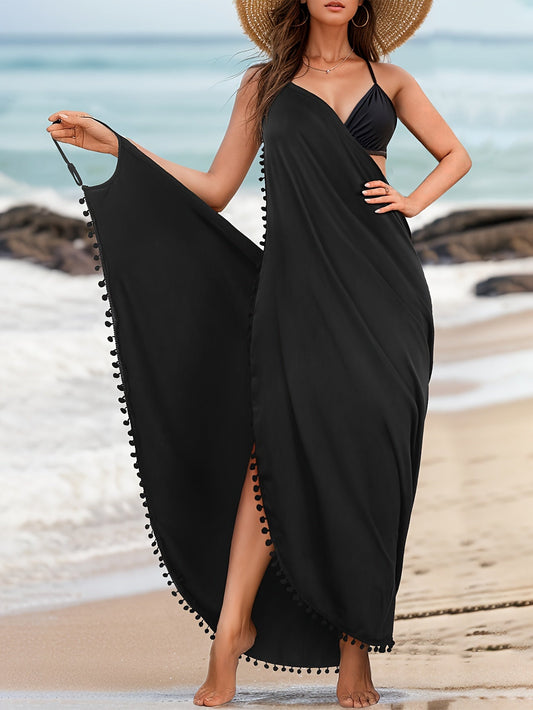 Emma | Einfarbiges Maxi-Strandkleid mit Pom-Pom-Dekor und V-Ausschnitt
