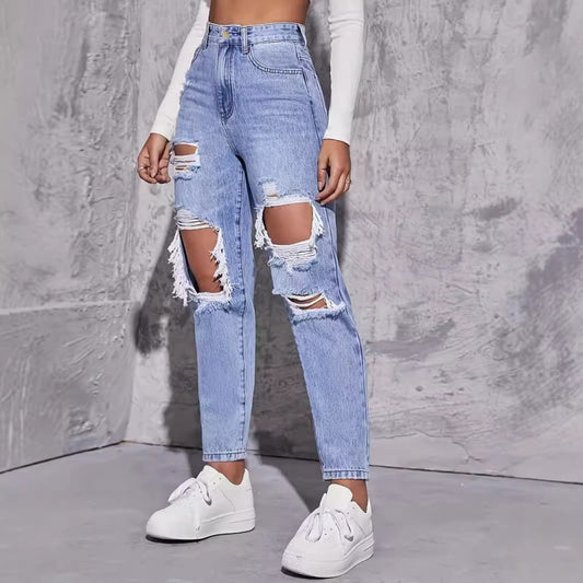 Damen hohe Taille Ripped Jeans - Distressed Denim Freizeitkleidung für stilvolle Frauen