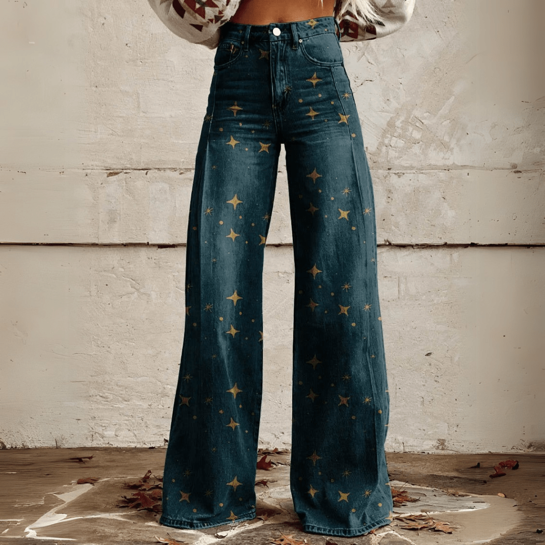 Damen Vintage Blumenweite Hose - Boho Denim mit weißem Blumenmuster