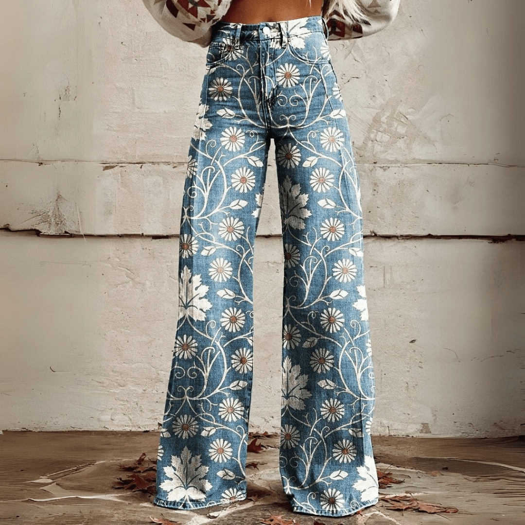 Damen Vintage Blumenweite Hose - Boho Denim mit weißem Blumenmuster