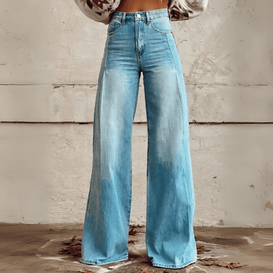 Damen Vintage Blumenweite Hose - Boho Denim mit weißem Blumenmuster