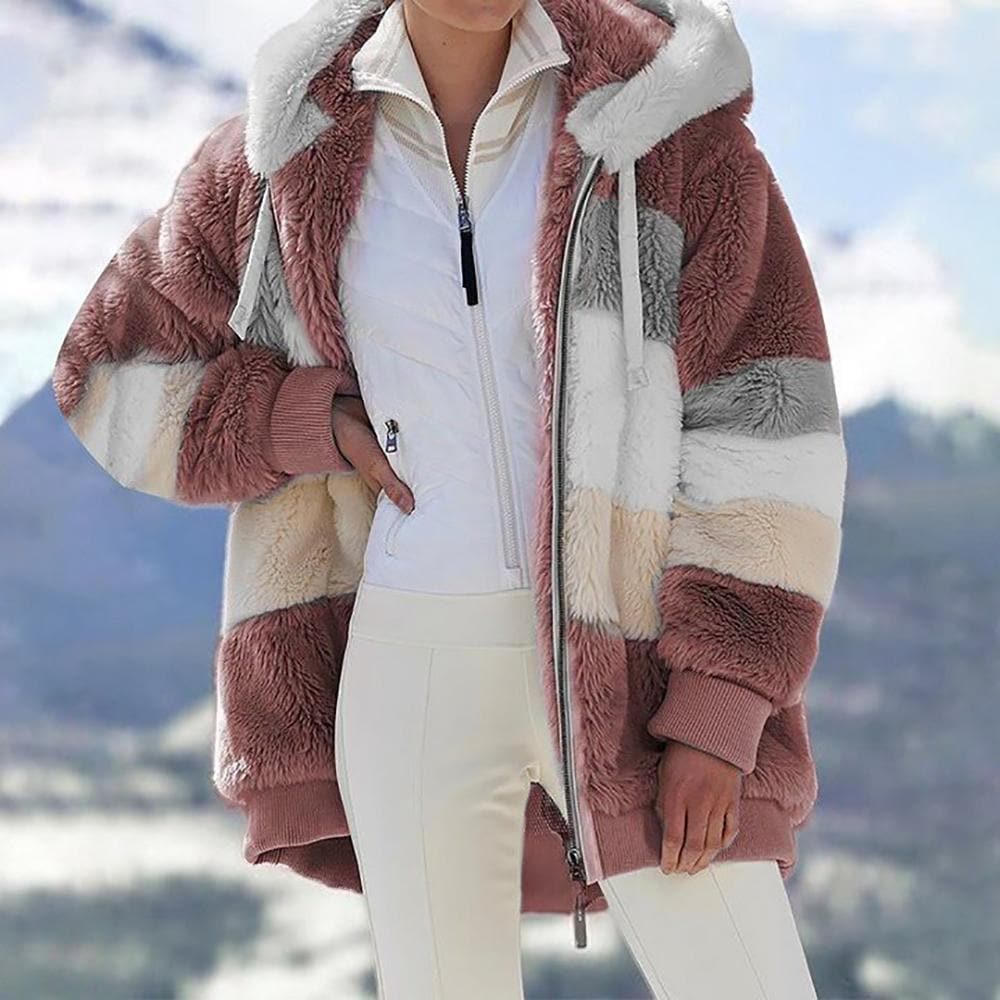 Winterjacke aus Plüsch mit Colorblock-Kapuze und Taschen