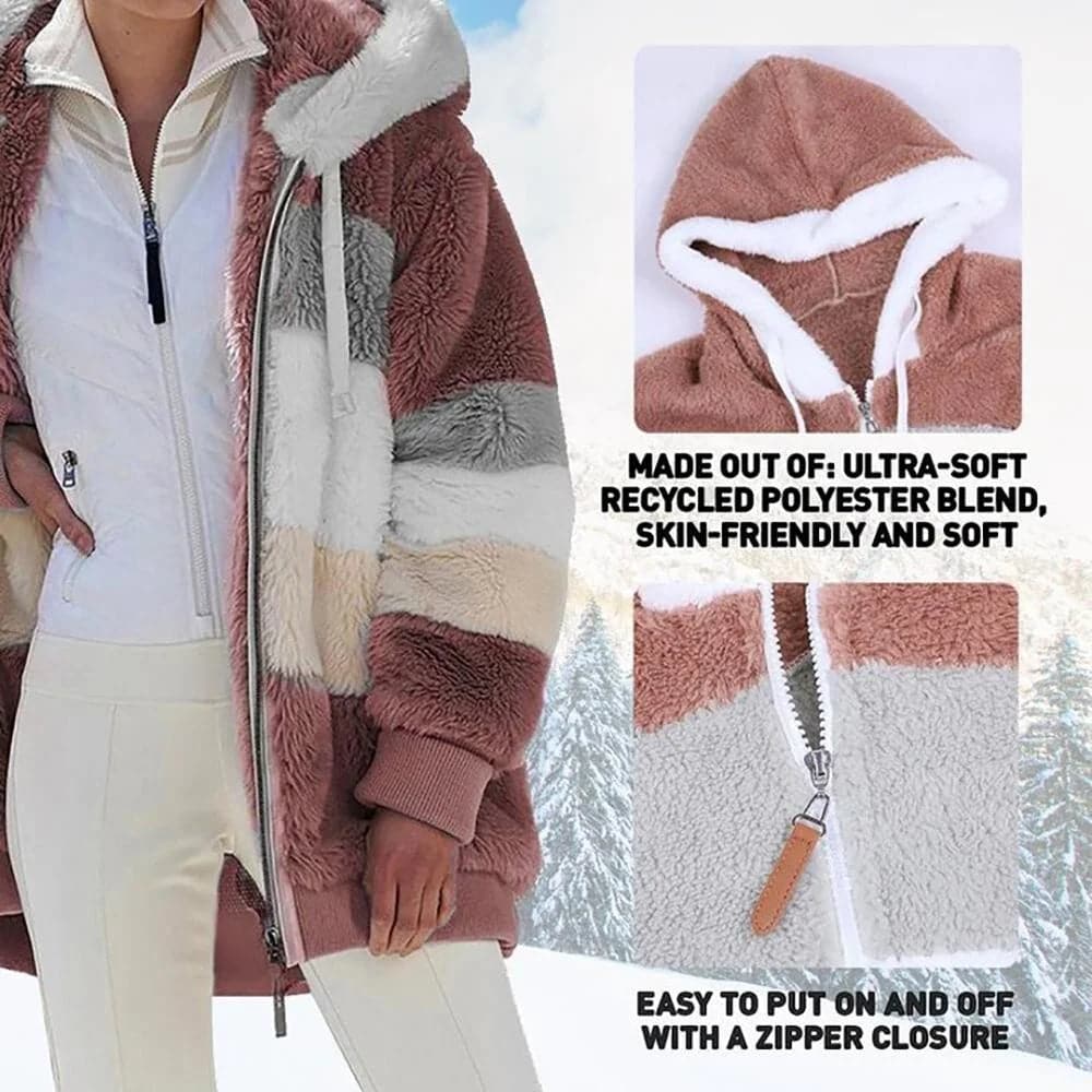 Winterjacke aus Plüsch mit Colorblock-Kapuze und Taschen