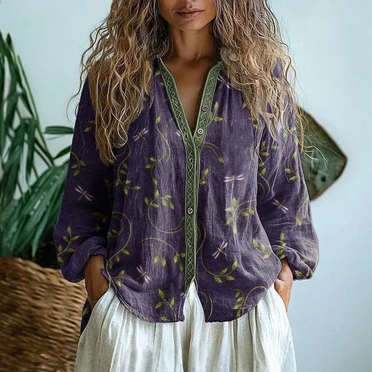 Vintage Bluse Mit Blätterdruck