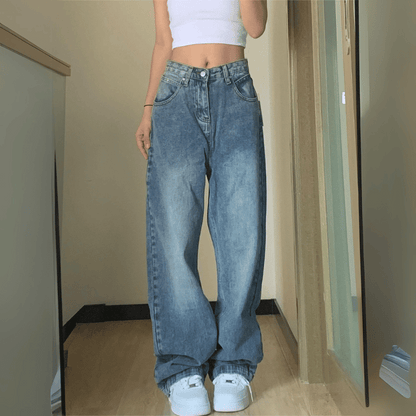 Damen Baggy Jeans - hoch geschnittene blaue Denim-Hosen für lässige Anlässe - täglicher Stil & Komfort