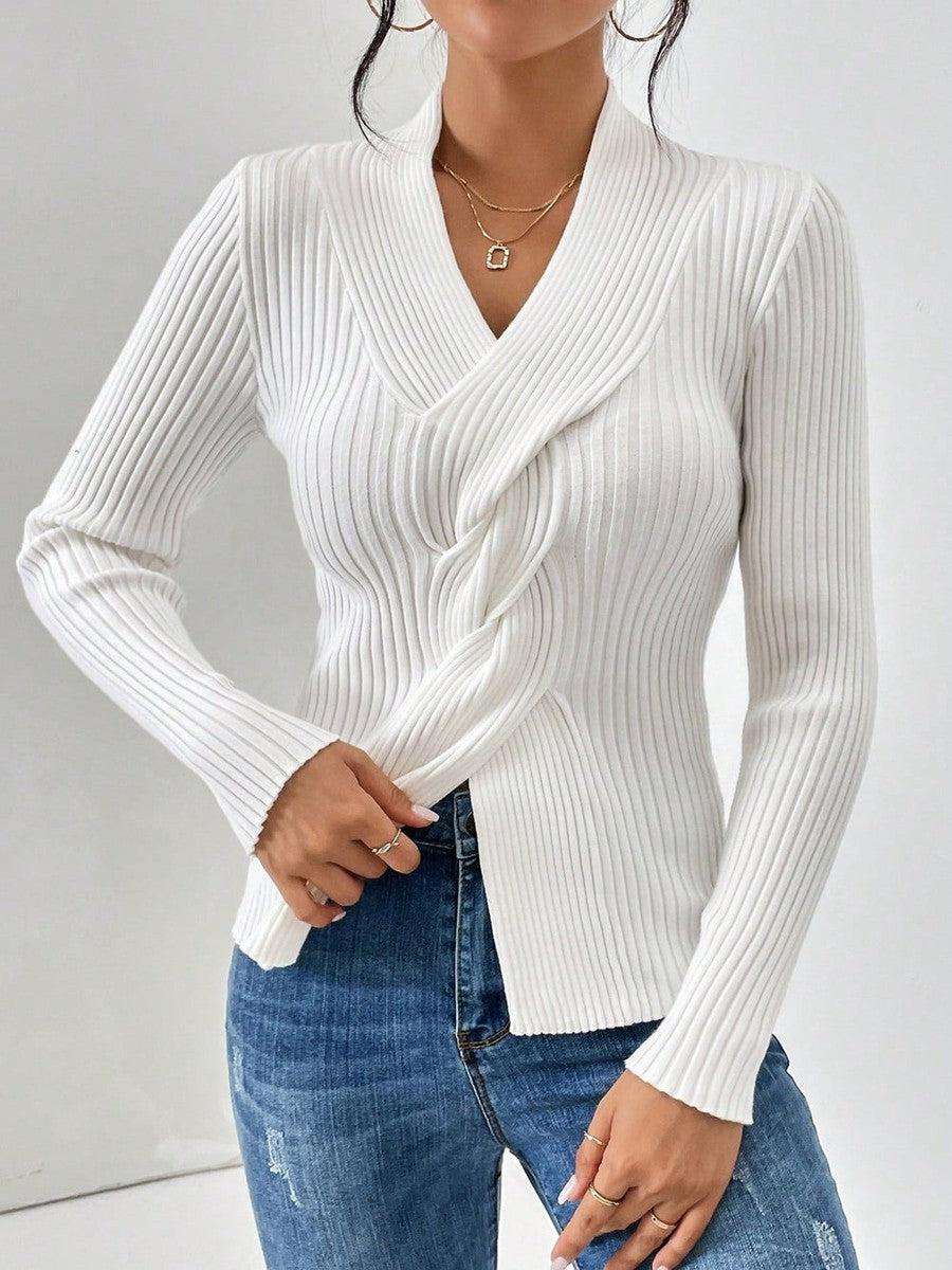 Élise | Weiße V-Ausschnitt Pullover mit langen Ärmeln