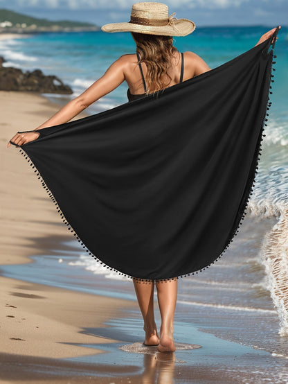 Emma | Einfarbiges Maxi-Strandkleid mit Pom-Pom-Dekor und V-Ausschnitt