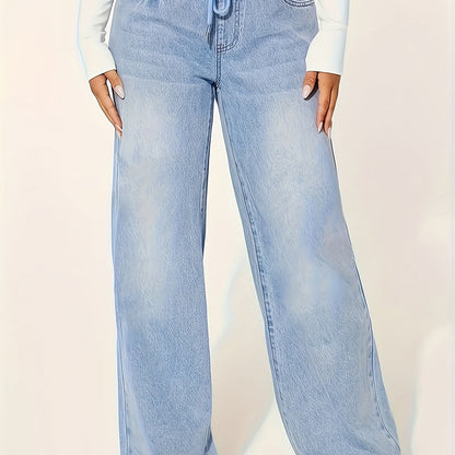 Breite Hosenjeans - elastischer Bund mittelblaue Damenhose