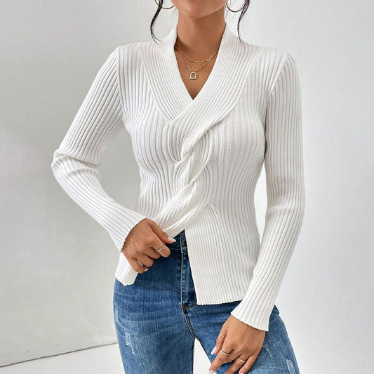 Élise | Weiße V-Ausschnitt Pullover mit langen Ärmeln