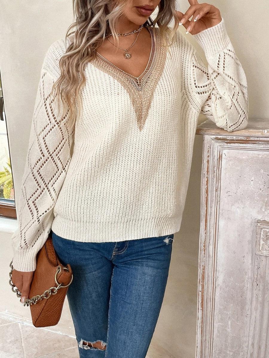 Marjolein | Gestrickter Farbblockpullover mit V-Ausschnitt