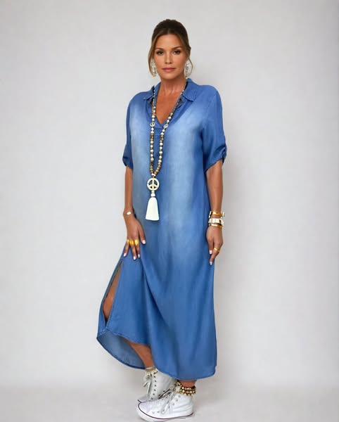 Wanda™ | Sommer V-Ausschnitt Halb Denim Kleid