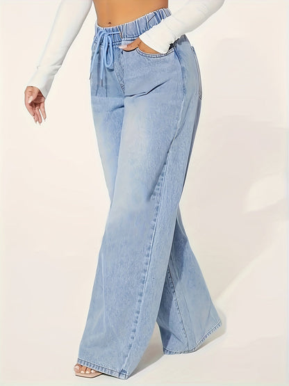 Breite Hosenjeans - elastischer Bund mittelblaue Damenhose