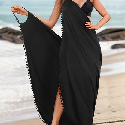 Emma | Einfarbiges Maxi-Strandkleid mit Pom-Pom-Dekor und V-Ausschnitt