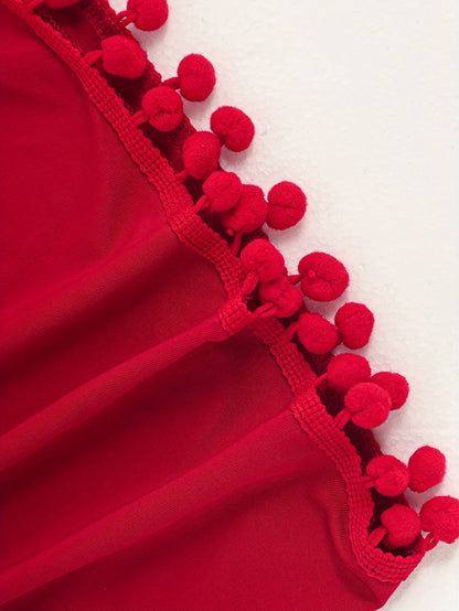 Emma | Einfarbiges Maxi-Strandkleid mit Pom-Pom-Dekor und V-Ausschnitt