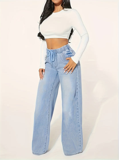 Breite Hosenjeans - elastischer Bund mittelblaue Damenhose