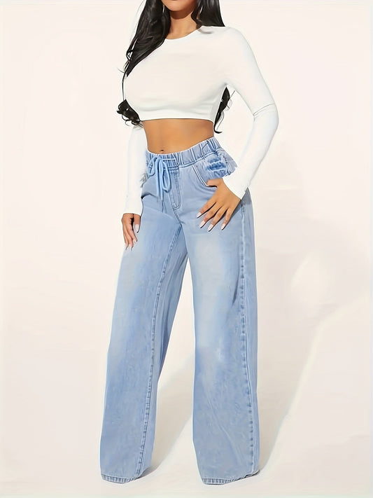 Breite Hosenjeans - elastischer Bund mittelblaue Damenhose