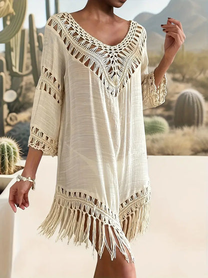 Arielle - Boho-Strandkleid mit Makramee-Fransen und V-Ausschnitt