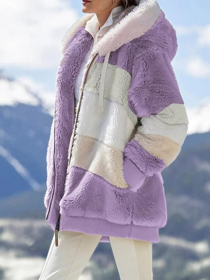Winterjacke aus Plüsch mit Colorblock-Kapuze und Taschen