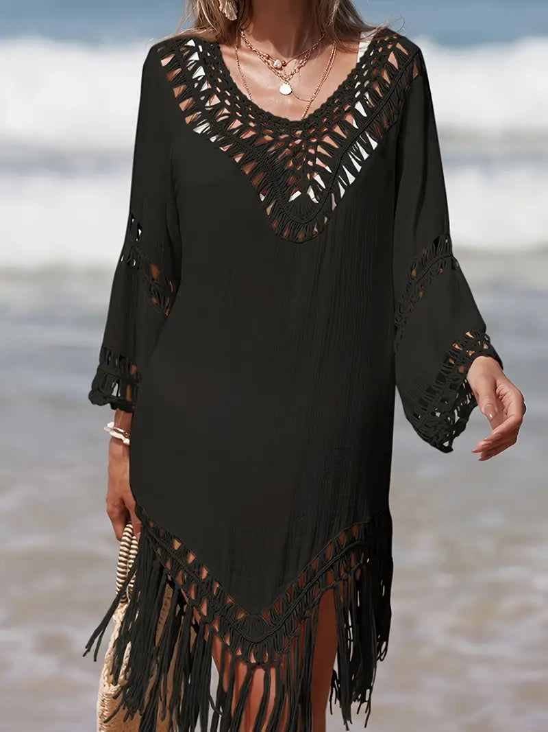 Arielle - Boho-Strandkleid mit Makramee-Fransen und V-Ausschnitt