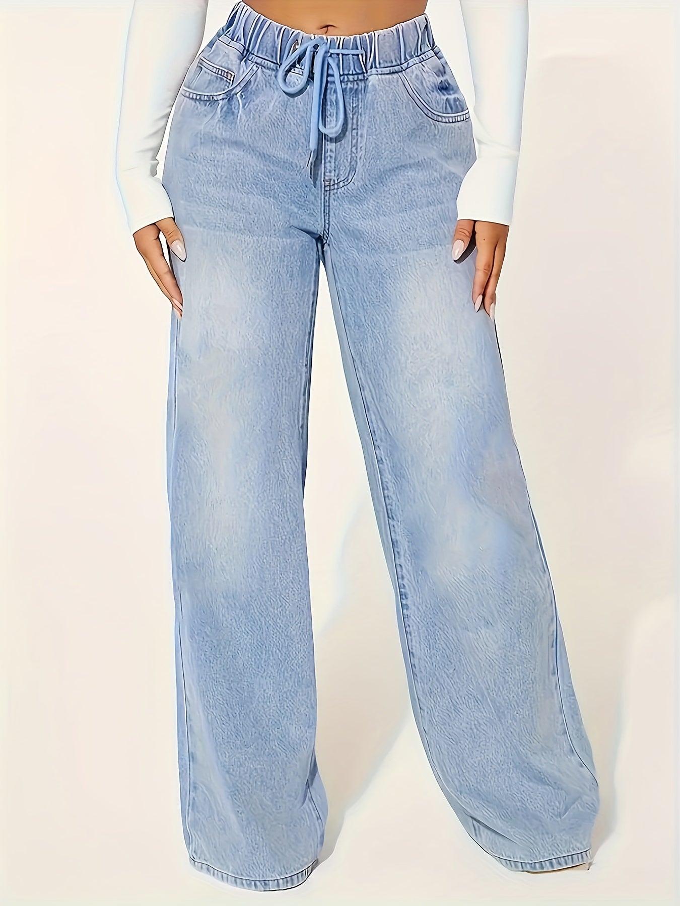 Breite Hosenjeans - elastischer Bund mittelblaue Damenhose