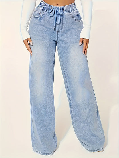 Breite Hosenjeans - elastischer Bund mittelblaue Damenhose