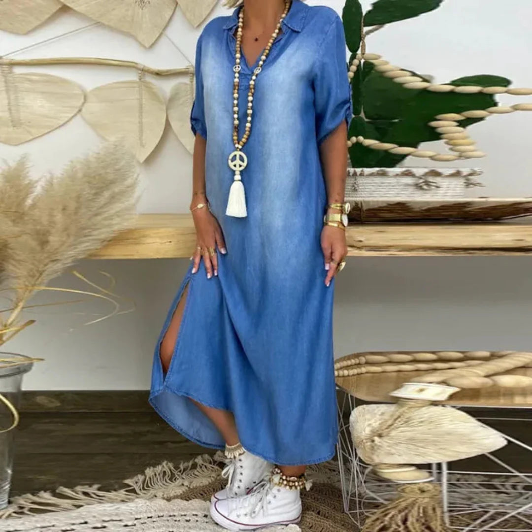 Wanda™ | Sommer V-Ausschnitt Halb Denim Kleid
