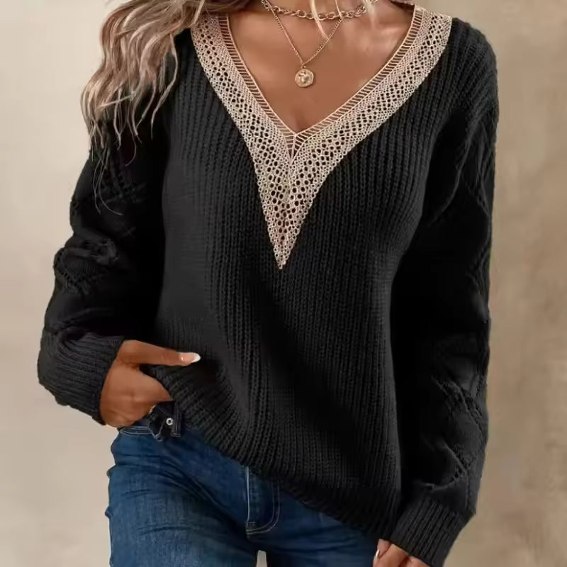 Marjolein | Gestrickter Farbblockpullover mit V-Ausschnitt