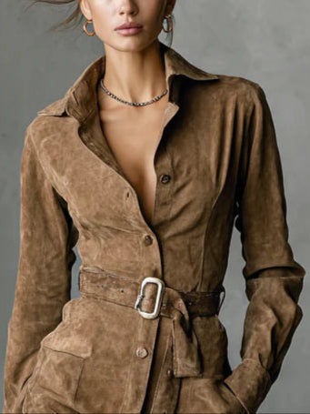 Wildleder Einreiher Revers Langarm Midi Kleid