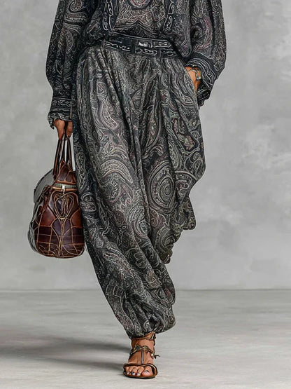 Vintage Paisley Druck Langarmshirt Hosen Zweiteiliges Set