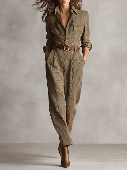 Brauner, eleganter Tweed-Textur Karo Utility Jumpsuit