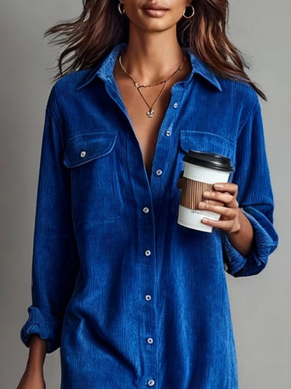 Lockeres Cord-Doppel-Brusttaschen-Midi-Kleid mit Ein-Knopf-Verschluss