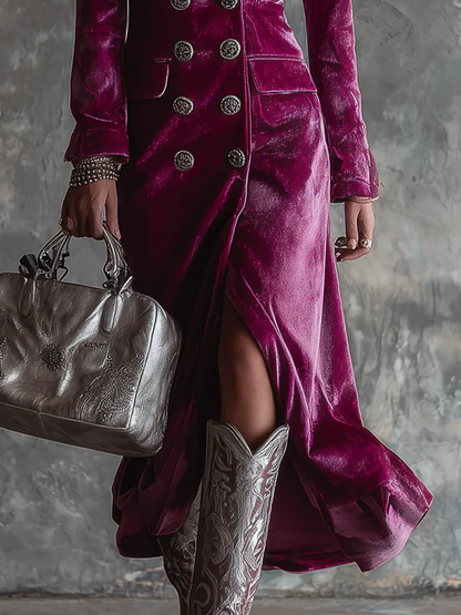 Lila Knopf-Down Samt Langer Blazer Maxi Kleid