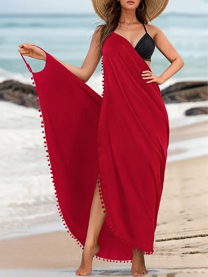 Emma | Einfarbiges Maxi-Strandkleid mit Pom-Pom-Dekor und V-Ausschnitt
