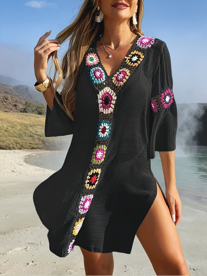 V-Ausschnitt, kurze Ärmel, leicht mit buntem Blumenmuster - Strandkleid