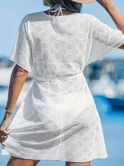 Neue Strandkleid Damen Einfarbig V-Ausschnitt Ausgeschnitten Bikini Cover-Up