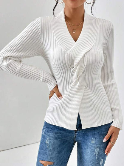 Élise | Weiße V-Ausschnitt Pullover mit langen Ärmeln