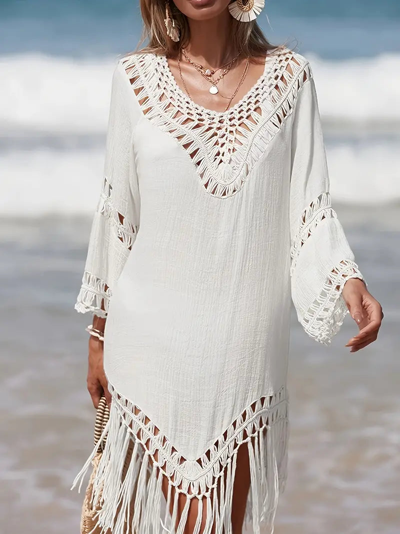 Arielle - Boho-Strandkleid mit Makramee-Fransen und V-Ausschnitt